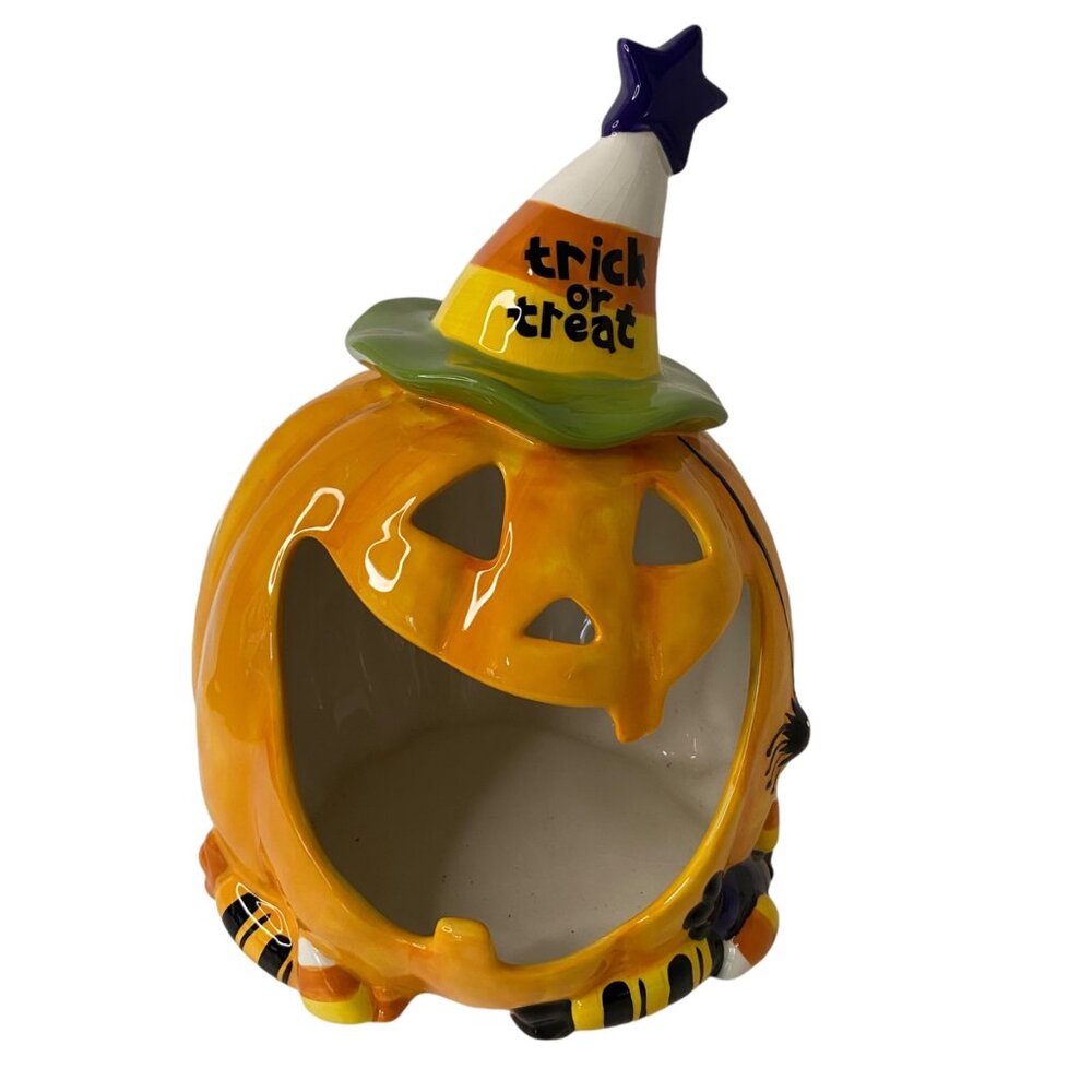 Ceramic Pumpkin Halloween Decor Witch Hat 10" Trick Or Treat Candy Holder Votive
